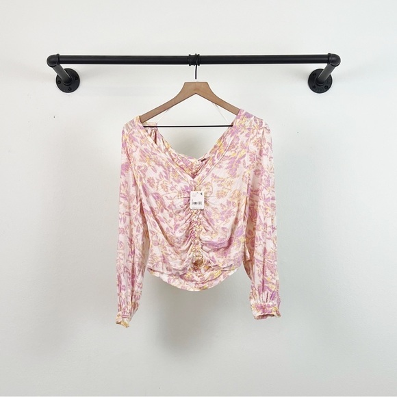 NWT Free People Say The Word Floral Ruched V-Neck Long Sleeve Top - Picture 4 of 7